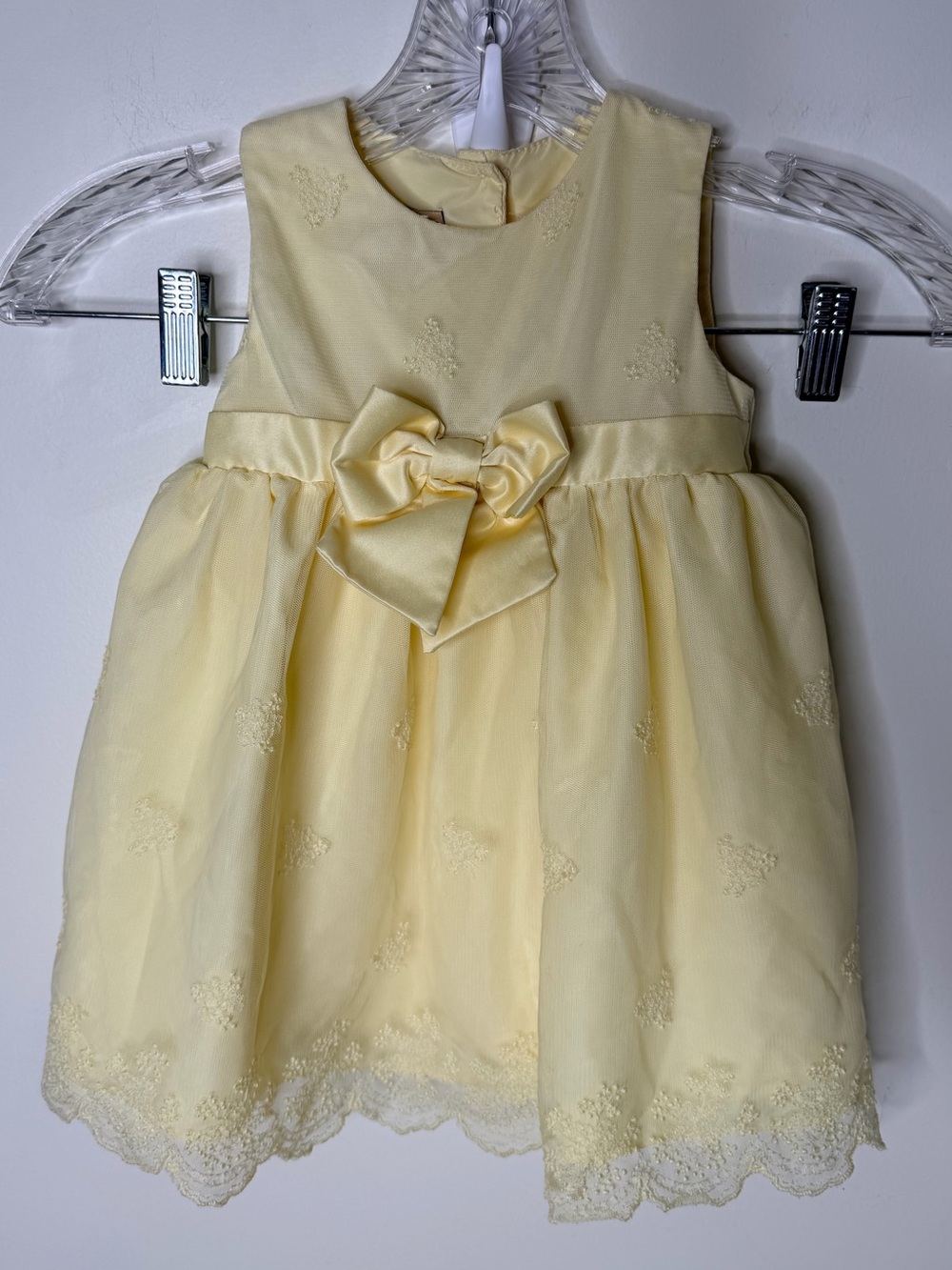 Pastel Yellow Embroidered Tulle Dress Front Bow 18M Lace Hem Girly coquette
